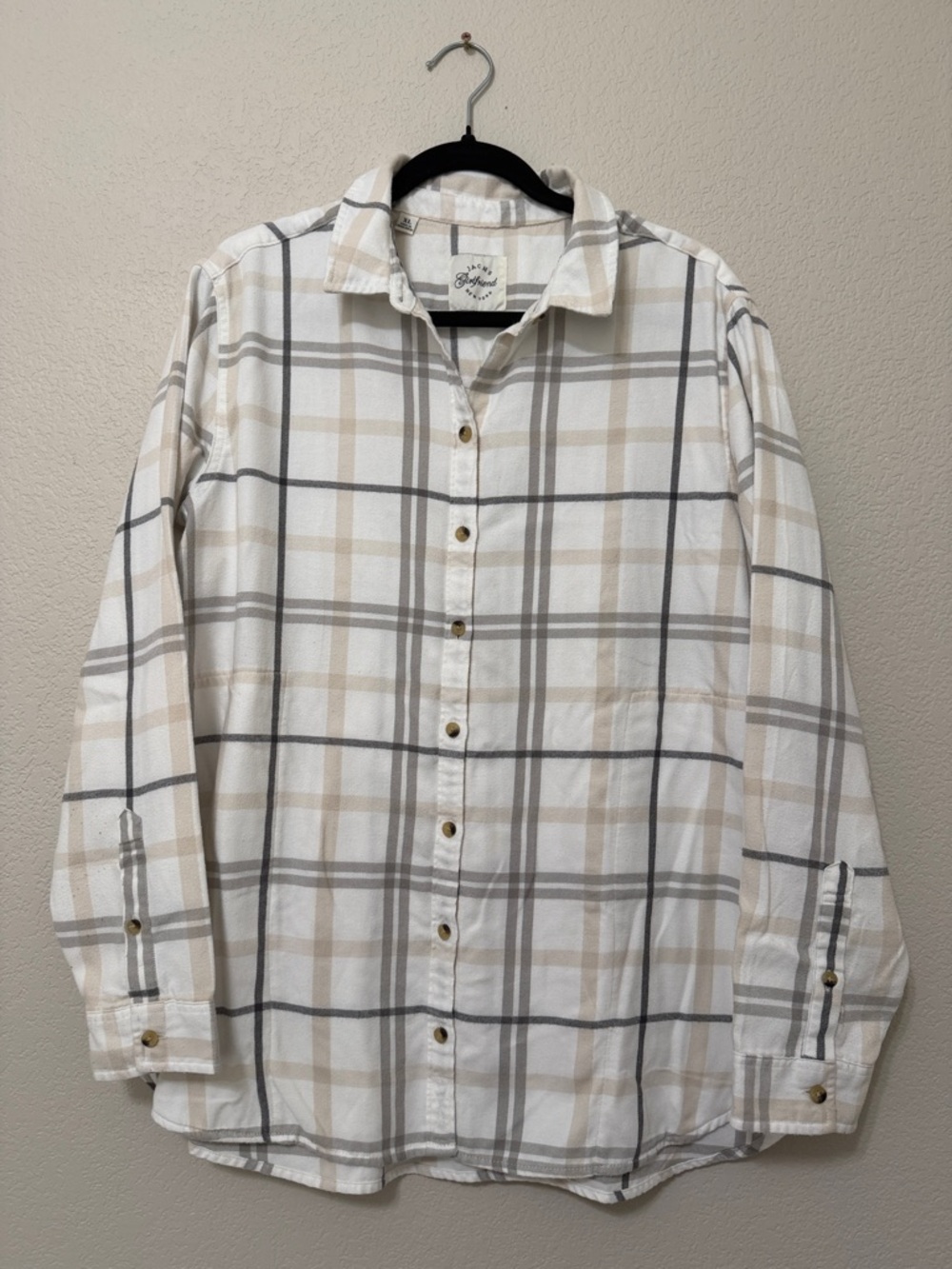 Plaid Button-Up Shirt in Cream and Gray